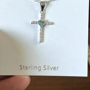 NEW Gorgeous Sterling Silver & a Aquamarine Heart Cross Necklace